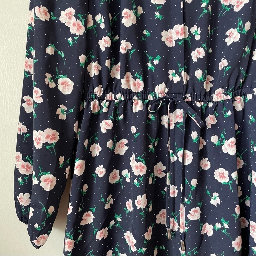 Maison Jules Navy Floral Ruched Tie Waist Shirt Dress - Picture 3 of 6